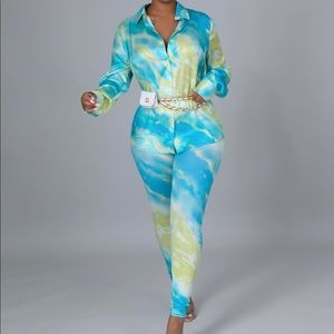 Blue & Green Button Down Leggings Set Size Large